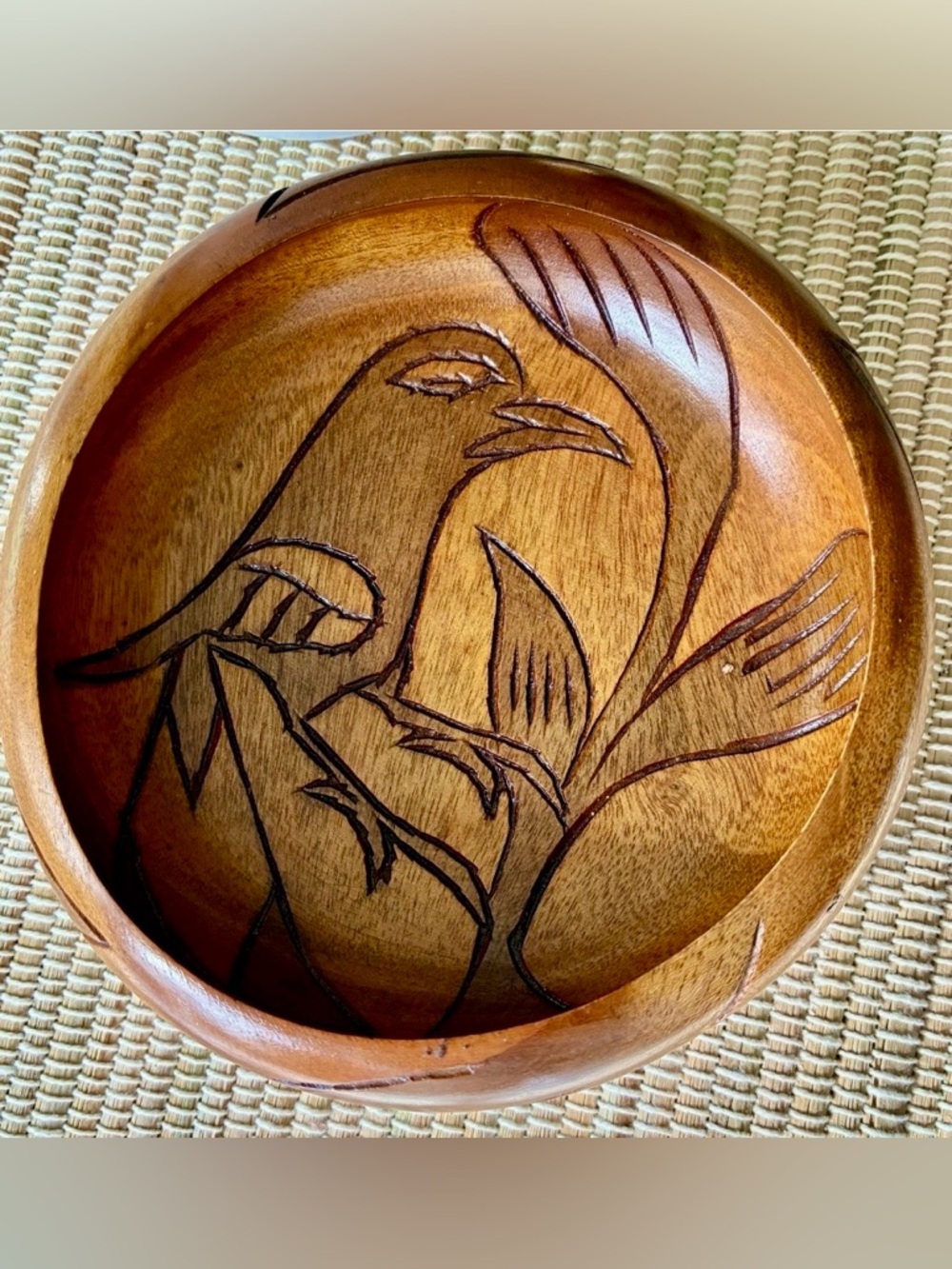 Vintage Hand Carved Tropical Bird Wooden Folk Art Bowl 6in Trinket Bowl Decor